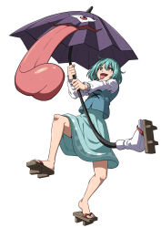 1girl blue_eyes blue_skirt blue_vest full_body geta heterochromia highres holding holding_umbrella inuno_rakugaki long_sleeves puffy_long_sleeves puffy_sleeves red_eyes shirt short_hair simple_background skirt smile solo standing standing_on_one_leg tatara_kogasa tongue tongue_out touhou umbrella vest white_background white_shirt