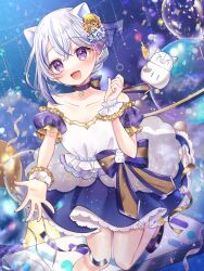 &gt;_&lt; 1girl :d animal_ears balloon blush breasts choker cleavage collarbone commentary_request confetti dot_nose dress drink flower glass grey_hair hair_between_eyes hair_flower hair_ornament highres iriam iyuko_(iyko_0) miria_(iriam) multicolored_hair open_mouth outstretched_arm purple_choker purple_eyes purple_hair purple_shoes shirasu_(iriam) shoes smile solo streaked_hair streamers tongue two-tone_hair wrist_cuffs yellow_flower