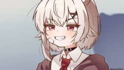 1boy 1girl animated animated_gif blinking closed_mouth collared_shirt grey_hair grin hair_ornament hand_on_another&#039;s_chin indie_virtual_youtuber mountain_han necktie red_eyes red_necktie saruei_(vtuber) shirt short_hair smile solo_focus virtual_youtuber wavy_mouth white_shirt x_hair_ornament