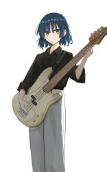 1girl absurdres bass_guitar black_shirt blue_hair bocchi_the_rock! highres holding holding_bass_guitar holding_instrument instrument mole mole_under_eye nek_(user_wakh7555) pants shirt short_hair simple_background solo white_background white_pants yamada_ryo yellow_eyes
