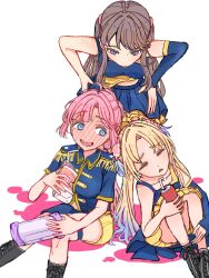 3girls :&lt; ahoge anyoji_hime blonde_hair blue_dress blue_eyes blue_hair blue_shirt blue_skirt blunt_bangs blush breasts brown_hair can collarbone colored_shadow commentary_request detached_sleeves dress drinking_straw epaulettes flower fujishima_megumi full-face_blush gradient_hair hair_flower hair_ornament handheld_game_console hanging_breasts highres holding holding_can holding_handheld_game_console holding_milk_carton layered_dress layered_skirt light_blue_hair link!_like!_love_live! long_hair long_sleeves looking_at_another love_live! medium_breasts milk_carton miniskirt mira-cra_park! multi-tied_hair multicolored_hair multiple_girls neko_raa_men nippon_professional_baseball official_alternate_costume open_mouth orix_buffaloes osawa_rurino parted_bangs pink_flower pink_hair ponytail purple_eyes shadow shirt short_sleeves sidelocks single_detached_sleeve sitting skirt sleeveless sleeveless_dress sleeveless_shirt smile swept_bangs triangle_mouth twintails two_side_up white_background