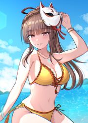 1girl blue_sky bracelet brown_hair cloud cloudy_sky fox_mask heaven_burns_red highres jewelry kiryuu_miya long_hair looking_at_viewer mask mask_on_head necklace rrtp sky swimsuit