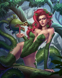 1girl bare_shoulders batman_(series) breasts cleavage dc_comics detached_sleeves douglas_bicalho eyeshadow green_eyes green_leotard green_sleeves green_thighhighs hair_ornament highres leaf_hair_ornament leotard long_hair makeup medium_breasts outdoors pink_eyeshadow plant_clothing poison_ivy red_hair solo strapless strapless_leotard thighhighs tree