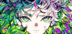 1boy absurdres blue_hair close-up closed_mouth commentary english_commentary expressionless green_eyes green_hair headphones highres looking_at_viewer male_focus messy_hair multicolored_hair original pill portrait rakugaki_choo shadow solo white_hair