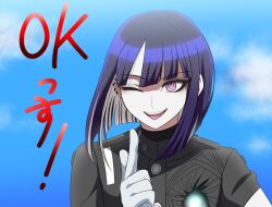 blue_background english_text hair_between_eyes hand_up japanese_text looking_at_viewer one_eye_closed open_mouth pink_eyes purple_hair simple_background teeth the_hundred_line_-last_defense_academy- tongue tsukumo_ima upper_body upper_teeth_only wink