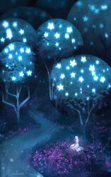 Rule 34 | 1other, dress, field, flower, flower field, food, forest, fruit, glowing, nature, night, orchard, original, outdoors, path, purple flower, road, scenery, seiza, sitting, sleeveless, sleeveless dress, solo, star (symbol), starfruit, white dress, white hair, zandra