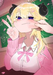 ahoge blonde_hair breasts chalkboard cheek_pull classroom clock desk hair_ornament heart highres hololive horns indie_virtual_youtuber jacket large_breasts pink_jacket pink_nails purple_eyes school_desk sheep_horns shigure_ui_(vtuber) shirt solo_focus tsunomaki_watame tsunomaki_watame_(school_uniform) unbuttoned v virtual_youtuber watamate white_shirt x_hair_ornament yuuppi