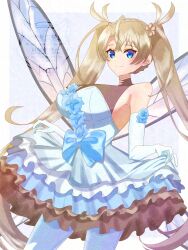 Rule 34 | 1girl, bare shoulders, blonde hair, blue dress, blue eyes, blush, bow, bradamante (fate), braid, breasts, crown braid, dress, elbow gloves, fairy wings, fate/grand order, fate (series), flower, gloves, hair flower, hair ornament, highres, large breasts, long hair, looking at viewer, pantyhose, smile, solo, tanutika, thighs, twintails, very long hair, white gloves, white pantyhose, wings