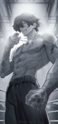 Rule 34 | 1boy, abs, bandaged arm, bandaged hand, bandages, blood, blood on face, boxing ring, boxing shorts, closed mouth, dated, dog tags, ei 17 ei, greyscale, hair over one eye, highres, holding, holding dog tags, jewelry, lighter (zenless zone zero), looking at viewer, male focus, monochrome, pectorals, scar, scar on arm, scar on chest, scar on neck, shorts, solo, toned, toned male, topless male, zenless zone zero