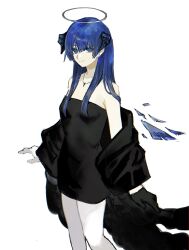 Rule 34 | 1girl, absurdres, arknights, arknights yuu12, asymmetrical gloves, black coat, black dress, black gloves, black horns, blue eyes, blue hair, breasts, chromatic aberration, closed mouth, coat, cowboy shot, cross, cross necklace, dress, earrings, gloves, grey halo, hair between eyes, halo, highres, horns, jewelry, latin cross, long hair, looking at viewer, mismatched gloves, mostima (arknights), necklace, off shoulder, pantyhose, short dress, simple background, small breasts, smile, solo, standing, strapless, strapless dress, traditional halo, white background, white gloves, white pantyhose