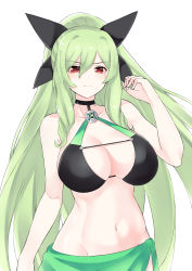 1girl bare_shoulders bikini breasts cleavage green_hair hakozaki_chika highres large_breasts long_hair looking_at_viewer navel neptune_(series) paid_reward_available red_eyes simple_background smile swimsuit white_background zatsu