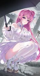Rule 34 | 1girl, absurdres, black umbrella, breasts, cloud, cloudy sky, collar, commentary request, dorothy (nikke), dress, english text, frilled dress, frills, goddess of victory: nikke, grey sky, hair ribbon, high heels, highres, holding, holding umbrella, large breasts, long hair, looking at viewer, pink hair, purple eyes, rain, ribbon, ruins, shoes, sky, solo, squatting, thighhighs, umbrella, wet, white dress, white shoes, white thighhighs, z15781