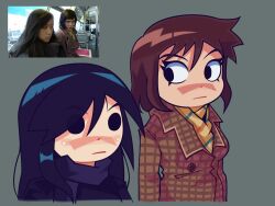 2girls black_eyes black_hair brown_hair reference_sheet coat expressionless green_background hair_between_eyes highres knives_chau laduxt long_hair looking_afar looking_at_another multiple_girls ramona_flowers scarf scott_pilgrim_(series) scott_pilgrim_takes_off short_hair standing upper_body