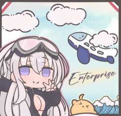 &gt;_&lt; 1girl aircraft artist_name azur_lane black_wetsuit breasts character_name chibi chibi_only cloud cloudy_sky commentary diving_suit enterprise_(azur_lane) enterprise_(diving_under_blue_skies)_(azur_lane) futaba_(anti_clockwise) goggles goggles_on_head grey_hair hair_between_eyes large_breasts light_smile long_hair looking_at_viewer manjuu_(azur_lane) official_alternate_costume purple_eyes selfie sky solo swim_goggles symbol-only_commentary v water waves