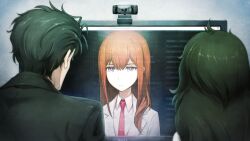 1boy 2girls ahoge artificial_intelligence beard_stubble black_hair black_jacket breasts brown_hair coat collared_shirt computer facial_hair from_behind game_cg green_hair hair_between_eyes highres hiyajou_maho huke indoors jacket lab_coat lapels long_hair looking_at_another looking_at_object makise_kurisu makise_kurisu_(amadeus) messy_hair monitor multiple_girls necktie non-web_source notched_lapels official_art okabe_rintarou okabe_rintarou_(beta) purple_eyes red_necktie ringed_eyes shirt short_hair small_breasts square_pupils steins;gate steins;gate_0 stubble very_long_hair webcam white_coat white_shirt