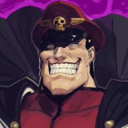 1boy black_cape blank_eyes boa_(brianoa) cape commentary english_commentary evil_grin evil_smile facing_viewer grin hat highres m._bison male_focus peaked_cap portrait red_hat smile solo street_fighter teeth twitter_username