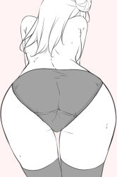 1girl ass ass_focus bent_over breasts crotch_seam from_behind greyscale hair_bun highres long_hair love_live! love_live!_sunshine!! medium_breasts monochrome panties single_side_bun sweat thighhighs topless_female tsushima_yoshiko underwear yopparai_oni