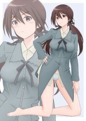 1girl absurdres barefoot black_ribbon blush breasts brown_eyes brown_hair gertrud_barkhorn hair_ribbon hand_on_own_hip highres jacket kneeling long_hair long_sleeves looking_at_viewer medium_breasts military military_uniform no_pants panties ribbon solo strike_witches tubamesaapoo twintails underwear white_panties world_witches_series zoom_layer