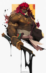 1boy abs armlet bara bare_pectorals beard broken broken_sword broken_weapon cropped_torso facial_hair ganondorf hadanugi_dousa highres holding holding_sword holding_weapon huge_eyebrows japanese_clothes jewelry kimono large_pectorals long_hair looking_at_viewer luerstine male_focus midriff_sarashi muscular muscular_male nintendo nipples official_alternate_costume open_clothes open_kimono pectorals red_hair sarashi solo stomach sword the_legend_of_zelda the_legend_of_zelda:_tears_of_the_kingdom thighs weapon