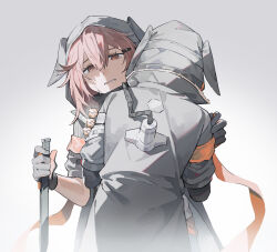 Rule 34 | 2girls, absurdres, animal ears, arknights, armband, black gloves, black jacket, chinese commentary, commentary request, cowboy shot, crownslayer (arknights), crying, dopperu ben, dual persona, gloves, grey background, grimace, highres, holding, holding knife, hood, hood up, hooded jacket, hyena ears, jacket, knife, multiple girls, orange background, red eyes, red hair, short hair, simple background, tearing up