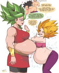 1boy 3girls arbrianarchy ass belly blush breasts caulifla dragon_ball dragon_ball_super earrings english_text heart hetero jewelry kale_(dragon_ball) kefla_(dragon_ball) legendary_super_saiyan multiple_girls muscular muscular_female nipples potara_earrings pregnant sex speech_bubble super_saiyan super_saiyan_blue vegetto