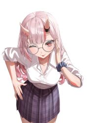 1girl ;p adjusting_eyewear alternate_costume bespectacled blunt_bangs blush breasts center-flap_bangs closed_mouth collarbone collared_shirt commentary cowboy_shot eyelashes glasses grey-framed_eyewear grey_hair hand_on_own_hip highres hololive horn_ornament horn_ribbon horns leaning_forward long_hair looking_at_viewer medium_breasts miniskirt multicolored_hair nakiri_ayame one_eye_closed plaid_clothes plaid_skirt pleated_skirt purple_skirt red_eyes red_hair ribbon roridaitouryou round_eyewear scrunchie shirt shirt_tucked_in simple_background skin-covered_horns skirt sleeves_rolled_up smile solo standing streaked_hair tongue tongue_out two-tone_hair virtual_youtuber white_background white_shirt wing_collar wrist_scrunchie
