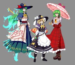 3girls absurdres apron ascot black_footwear black_hat blue_capelet blue_hat boots brown_footwear brown_gloves capelet closed_mouth colored_tips commentary english_commentary eyepatch flower full_body gloves green_hair grey_background hat highres kazami_yuuka kirisame_marisa long_hair mima_(touhou) multicolored_hair multiple_girls parasol plaid_clothes plaid_skirt red_eyes red_skirt shirt short_hair simple_background skippeaccented skirt smile star_(symbol) sunflower touhou umbrella waist_apron white_apron white_shirt witch_hat yellow_ascot yellow_eyes