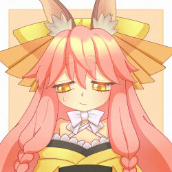 Rule 34 | 1girl, absurdres, animal ears, commentary request, fate/samurai remnant, fate (series), fox ears, fox girl, frown, highres, japanese clothes, kimono, long hair, looking down, pink hair, solo, tamamo (fate), tamamo aria (fate), tsugumokei, upper body, yellow eyes, yellow kimono