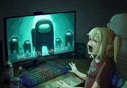 Rule 34 | 1girl, ahoge, alternate costume, among us, blonde hair, brand name imitation, chair, closed eyes, commentary, computer keyboard, computer mouse, crewmate (among us), cup, desk, english commentary, figure, flandre scarlet, highres, li shay, meme, monitor, mug, one side up, open mouth, pointy ears, pokerface, print shirt, rage comic, roblox, shirt, short sleeves, soda bottle, solo, t-shirt, touhou, wings