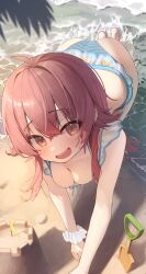1girl absurdres ahoge all_fours ass bare_shoulders bikini blue_bikini breasts cleavage commentary frilled_bikini frills highres idolmaster idolmaster_shiny_colors komiya_kaho looking_at_viewer medium_breasts medium_hair ocean open_mouth outdoors planted planted_shovel pomp_(qhtjd0120) red_eyes red_hair sand_castle sand_sculpture scrunchie shovel smile solo striped_bikini striped_clothes swimsuit symbol-only_commentary teeth upper_teeth_only wrist_scrunchie