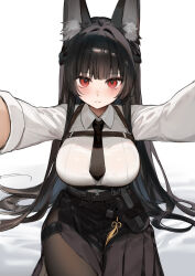 Rule 34 | 1girl, absurdres, animal ears, black necktie, breasts, brown pantyhose, closed mouth, commentary request, fox ears, fox girl, highres, hoshimi miyabi, large breasts, long hair, necktie, pantyhose, red eyes, shirt, sitting, smilesmile1312, solo, white shirt, zenless zone zero