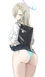 Rule 34 | 1girl, absurdres, ass, asuna (blue archive), asuna (school uniform) (blue archive), bag, black bag, black skirt, blonde hair, blue archive, blue eyes, blue halo, blue panties, blue ribbon, blue scrunchie, blush, bow, breasts, condom, eyes visible through hair, from behind, from side, grin, hair over one eye, hair ribbon, halo, highres, holding, holding bag, large breasts, long hair, looking at viewer, miz blank, official alternate costume, open mouth, panties, pleated skirt, ribbon, scrunchie, shirt, skirt, smile, solo, teeth, underwear, used condom, very long hair, white shirt, wrist scrunchie