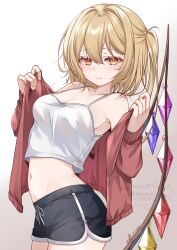 1girl absurdres armpit_crease bare_shoulders black_shorts blonde_hair breasts camisole cleavage closed_mouth collarbone commentary_request cowboy_shot crystal dolphin_shorts drawstring embodiment_of_scarlet_devil flandre_scarlet from_side gradient_background hair_between_eyes haruki_(colorful_macaron) highres jacket light_blush long_sleeves looking_at_viewer medium_breasts medium_hair midriff navel no_bra one_side_up open_clothes open_jacket orange_eyes red_jacket removing_jacket shorts sidelocks solo spaghetti_strap touhou twitter_username watermark white_camisole wings