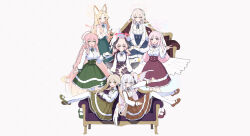 6+girls ahoge alternate_costume animal_ear_fluff animal_ears azusa_(blue_archive) black_wings blonde_hair blue_archive blue_ribbon blue_shoes blue_skirt blush bow braid brown_ribbon brown_shoes brown_skirt closed_mouth commentary_request couch crossed_bangs feathered_wings flower flower_ornament forehead fox_ears fox_girl fox_tail frilled_shirt frills green_eyes green_ribbon green_shoes green_skirt hair_between_eyes hair_bow hair_flower hair_ornament hanako_(blue_archive) head_wings hifumi_(blue_archive) high-waist_skirt highres koharu_(blue_archive) long_hair looking_at_viewer low_twintails mika_(blue_archive) multiple_girls nagisa_(blue_archive) on_couch open_mouth pantyhose parted_lips pink_eyes pink_flower pink_hair purple_eyes purple_flower purple_ribbon purple_shoes purple_skirt red_ribbon red_shoes red_skirt ribbon sateto_(user_knrf2332) seia_(blue_archive) shirt shoes sidelocks single_braid sitting skirt socks tail twintails v white_bow white_flower white_hair white_pantyhose white_shirt white_socks wings yellow_eyes