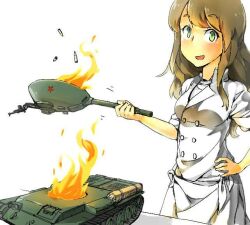 1girl :d apron breasts brown_hair buttons chef commentary double-breasted english_commentary fire green_eyes hand_on_own_hip ilyakovlev jacket long_hair looking_at_viewer medium_breasts military_vehicle motion_lines motor_vehicle open_mouth original pants red_star shirt sideways_glance smile solo soviet soviet_army standing star_(symbol) swept_bangs t-54_(soviet) tank tank_shell waist_apron wavy_hair white_apron white_background white_jacket white_pants white_shirt