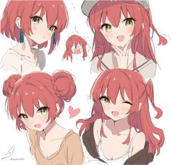 1girl alternate_hair_length alternate_hairstyle bocchi_the_rock! breasts brown_shirt cleavage commentary double_bun earrings green_eyes hair_bun heart highres jewelry kita_ikuyo long_hair medium_breasts minusk9 multiple_views one_side_up open_mouth red_hair shirt short_hair simple_background white_background