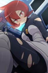 1girl black_bodysuit blurry blurry_background blush bodysuit breasts closed_mouth commentary curakuru feet_out_of_frame from_below frown hair_between_eyes highres indoors looking_at_viewer mars_(pokemon) medium_breasts nintendo pokemon pokemon_dppt red_eyes red_hair short_hair solo split_mouth tearing_up torn_bodysuit torn_clothes
