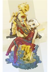 1girl blonde_hair blue_eyes gun gundam hyaku_shiki mecha mecha_pilot_suit military military_uniform mobile_suit mobile_suit_gundam nakayama_tooru normal_suit_(gundam) retro_artstyle robot sayla_mass science_fiction short_hair smile sunglasses sword weapon zeta_gundam