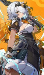 1girl absurdres anby_demara anby_demara_(silver_soldier) breasts closed_mouth cowboy_shot fingerless_gloves gloves grey_hair hair_over_one_eye highres holding holding_sword holding_weapon large_breasts looking_at_viewer skirt solo sword user_jwkz8373 weapon white_gloves white_skirt yellow_eyes zenless_zone_zero