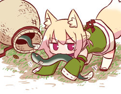 1girl all_fours animal_ear_fluff animal_ears basket blonde_hair detached_sleeves eel female_focus fox_ears fox_girl fox_tail green_shirt green_sleeves hair_between_eyes hair_bun hair_ornament kemomimi-chan_(naga_u) kneehighs leaf long_hair long_sleeves mouth_hold naga_u original red_eyes red_footwear ribbon-trimmed_sleeves ribbon_trim shirt sidelocks single_hair_bun sleeveless sleeveless_shirt sleeves_past_fingers sleeves_past_wrists socks solo tail v-shaped_eyebrows white_background white_socks