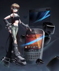 1girl 2000s_(style) b0throps belt black_theme blackberry_ltd brown_hair cellphone commentary crop_top cube english_commentary eyelashes fingerless_gloves frutiger_aero full_body gloves green_eyes harley_davidson highres leg_warmers long_hair looking_at_viewer microsoft_windows midriff original phone solo standing window_(computing) windows_xp