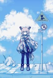 1girl ahoge arknights arm_at_side black_pantyhose blue_eyes blue_sky blurry chinese_commentary chromatic_aberration closed_mouth cloud commentary_request day food full_body gloves grey_hair highres holding holding_food holding_ice_cream huashijie_(medium) ice_cream ice_cream_cone jacket jian_(winon05266) looking_at_viewer no_smoking outdoors pantyhose plant road_sign rock short_hair sign sky solo standing sussurro_(arknights) tail white_gloves white_jacket wind