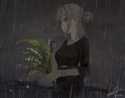 1girl bouquet bracelet cloud cloudy_sky cross dated dress flower grave graveyard grey_eyes grey_hair hair_bun highres holding holding_bouquet holding_flower jewelry lily_of_the_valley necklace original parted_lips rain shi-ro short_hair signature sky solo tombstone