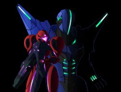 1girl arm_cannon armor assault_visor forehead_jewel glaedrax glowing helmet metroid metroid_prime_4:_beyond neon_trim nintendo power_armor power_suit samus_aran shoulder_pads spiked_shoulder_pads sylux_(metroid) weapon