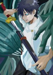 1boy 2021 black_background black_hair black_pants blue_eyes highres jhmv2455 jujutsu_kaisen katana male_focus okkotsu_yuuta pants scabbard sheath shirt smile surrounded_by_hands sword unsheathing weapon white_shirt