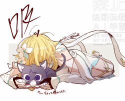1girl animal animalization arm_cutout black_cat black_gloves blonde_hair blue_feathers blue_flower blue_trim breasts cat detached_sleeves dress elbow_gloves feather_hair_ornament feathers flower genshin_impact gloves gold_shoes hair_flower hair_ornament halterneck highres holding holding_animal holding_cat large_breasts legs_together lumine_(genshin_impact) lying multicolored_flower on_stomach person_and_animalization pom_pom_(clothes) purple_cat scaramouche_(cat)_(genshin_impact) scaramouche_(genshin_impact) seiadd shoes short_hair short_hair_with_long_locks sidelocks squiggle_eyes string thighhighs twitter_username two-tone_feathers vambraces watermark white_background white_dress white_feathers white_flower white_sleeves white_thighhighs yellow_feathers