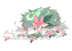 all_fours flower gen_4_pokemon grass green_eyes highres leaf legendary_pokemon mythical_pokemon nintendo np_(0wzsyvlnp78) pink_flower plant pokemon pokemon_(creature) pokemon_focus shaymin shaymin_(land) simple_background white_background