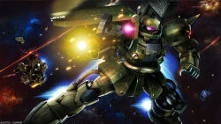 battle beam_cannon cable company_name copyright_notice damaged debris dirty energy_beam gun gundam gundam_battle_operation_2 gundam_f91_formula_report_0122 highres holding holding_weapon machine_gun machinery mecha mecha_focus mobile_suit nebula neo_zeon no_humans official_art one-eyed painting_(medium) pink_eyes realistic rf_zaku robot scan science_fiction scope shield shoulder_spikes space spikes star_(sky) sunrise_(company) tenjin_hidetaka thrusters traditional_media vernier_thrusters weapon zaku_ii zero_gravity