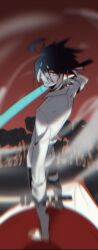 1boy absurdres ahoge anmicius aotu_world aqua_eyes bandaged_leg bandages black_pants blurry brown_hair chinese_commentary chromatic_aberration closed_mouth collared_shirt dual_wielding dust_cloud flower from_behind glowing hair_between_eyes highres holding holding_sword holding_weapon jacket letterboxed long_sleeves looking_at_viewer looking_back male_focus pants parted_lips pointy_ears red_sky shengshengbuxi61 shirt short_hair sky smile smoke solo standing sword tulip weapon white_shirt wind