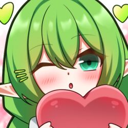1girl :o ;o blush braid chibi commission commissioner_upload elf emoji emoticon euphemy_sylvaine food green_eyes green_hair hair_between_eyes hair_ornament hairclip heart holding long_hair looking_at_viewer lori_hagami official_art one_eye_closed open_mouth pointy_ears solo upper_body valentine ways_of_darkness_(series)